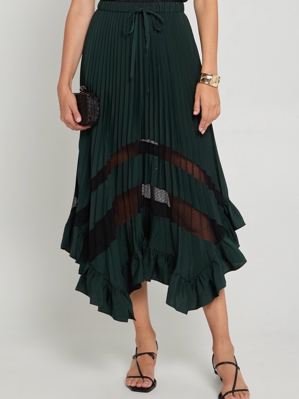 Dark Green Pleated Asymmetric Midi Skirt with Ruffle Trim Aqua NWT Size M